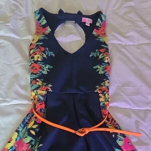 Floral Sleeveless Dress with Orange Belt